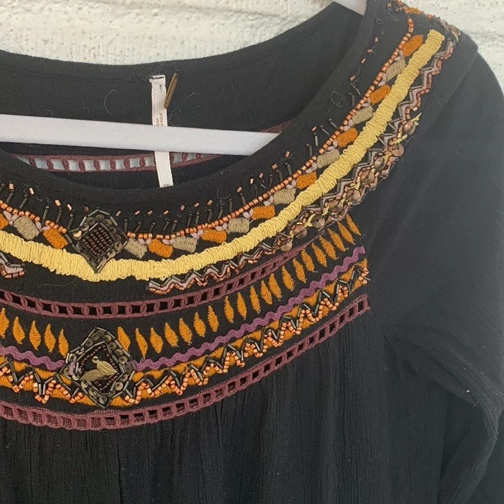Free People Embroidered Beaded Black Tiered Ruffle Mini Dress sz XS